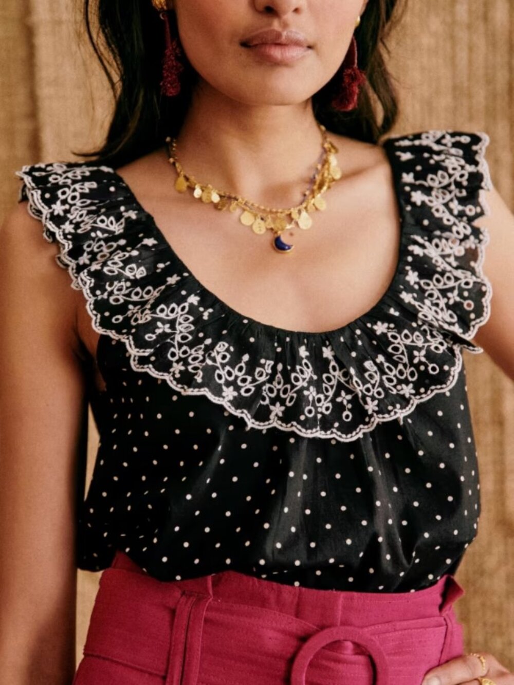 NWT Sezane Rosa Blouse in Black Polka Dots Ecru Sleeveless Embroidered Size 2 - Picture 5 of 5